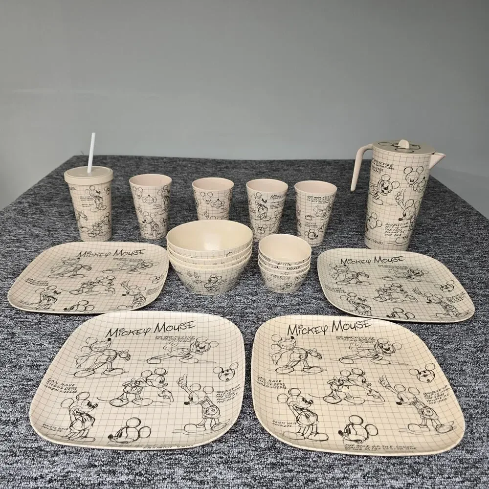 Disney Mickey Mouse Sketchbook Bamboo Set 18ct 4-Plates 5-Cups 8-Bowls 1-Pitcher